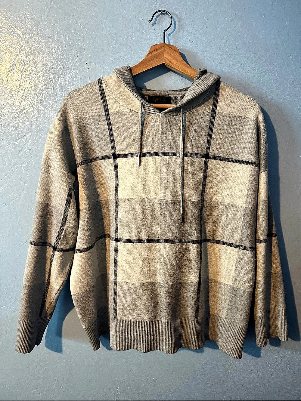Rachel Roy Plaid Hooded Sweater Gray & Beige Large Like New